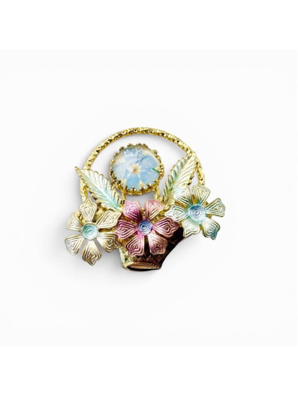 Vintage Czech Floral Basket Brooch Enamel Flowers Glass Cabochon Floral Center